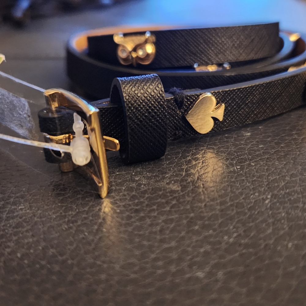 NWT Kate Spade Black Leather Belt with Gold Tone Owls And Spades.